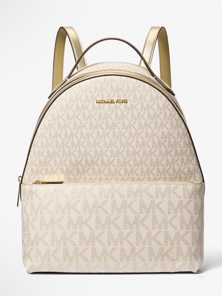 Nwt Michael Kors Sheila Medium Two-Tone Signature Logo Backpack Bag Pale Gold